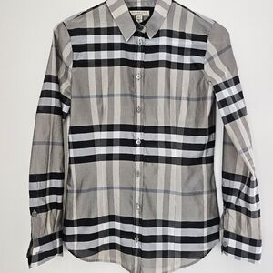 Burberry Tan Black White Plaid Button-Up Shirt Silk Blend